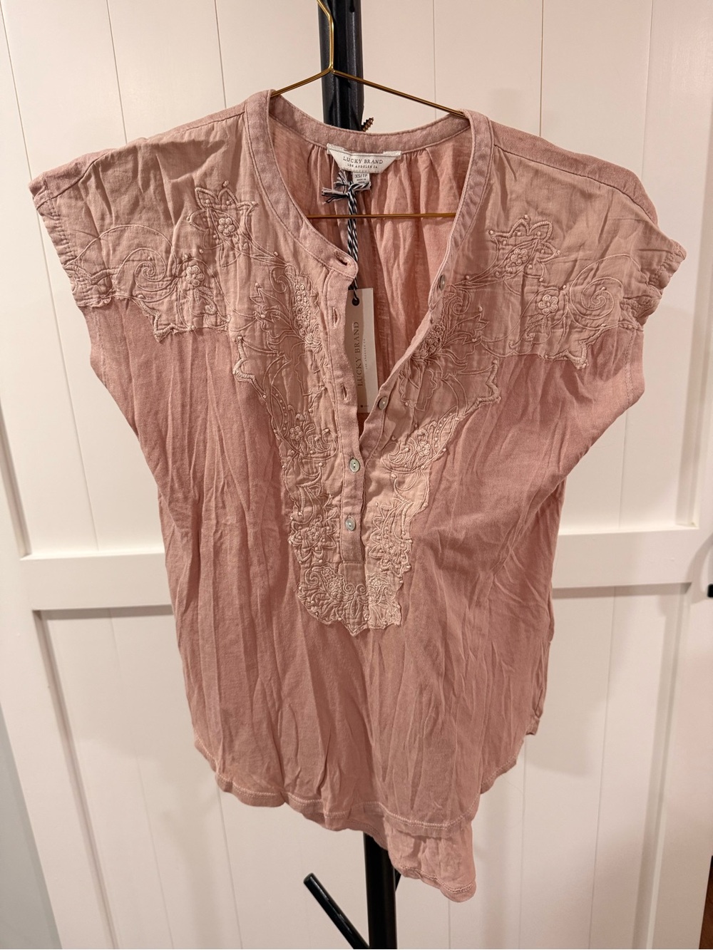 Lucky Brand Dusty Rose Embroidered Split-Neck Tunic